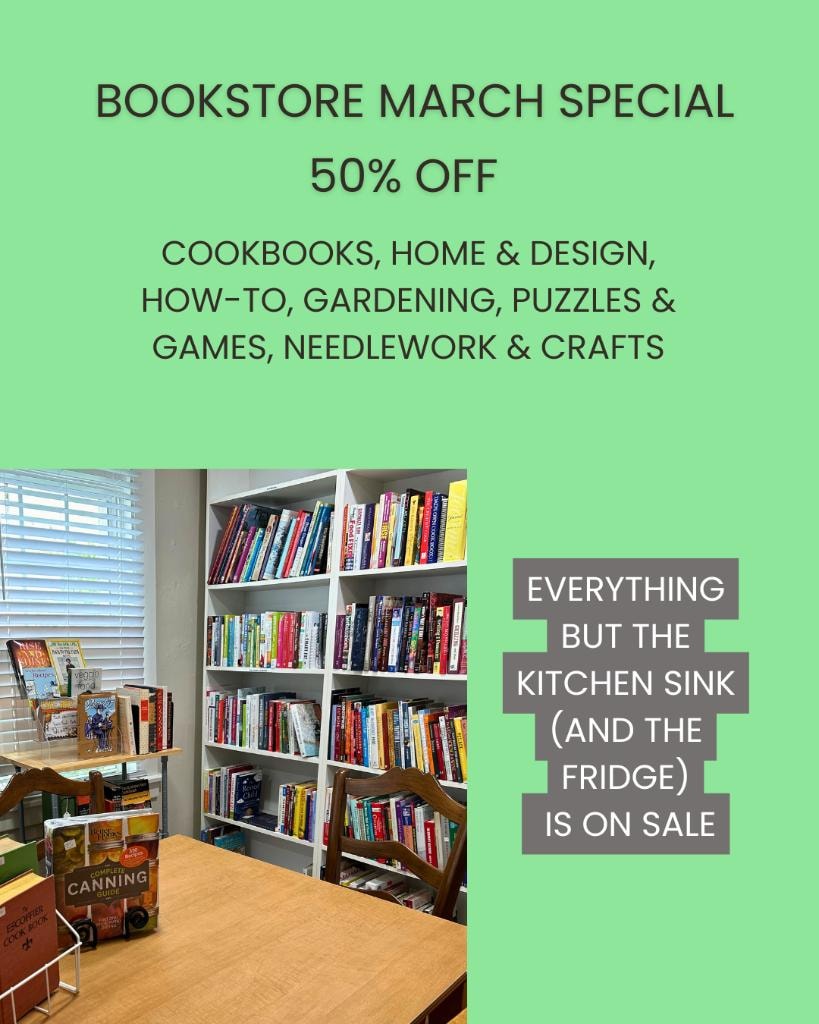 March–April 2025 Newsletter — Page 2: Bookstore March Special 50% Off